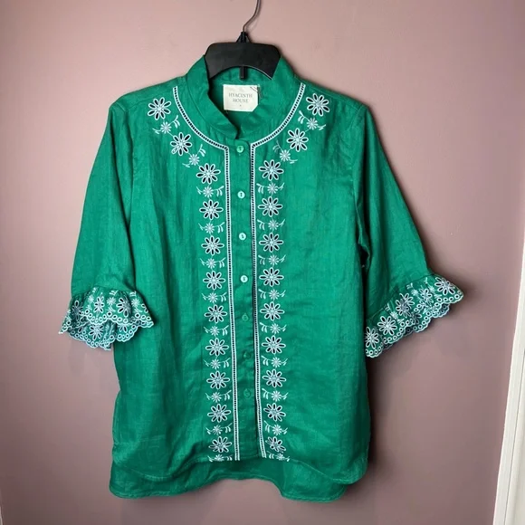 NWT Tuckernuck Hyacinth House Embroidered Linen Montauk Lounge Shirt Green - Picture 2 of 12